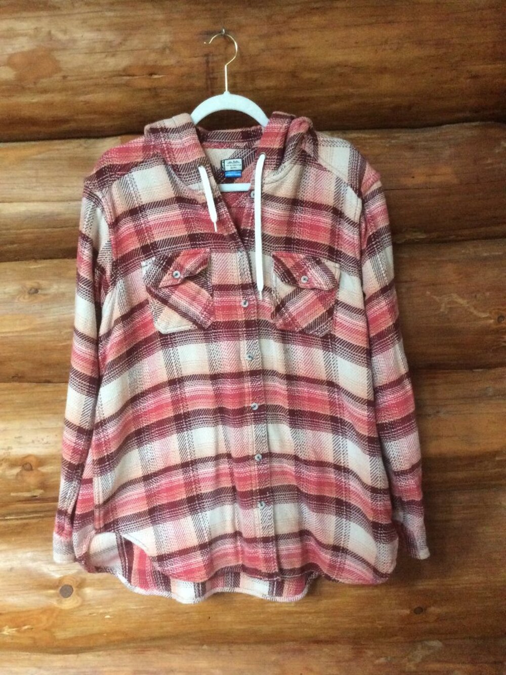 KAVU The Jess Hooded Flannel Pink Red Plaid Shirt Shacket Boyfriend Fit Size XL